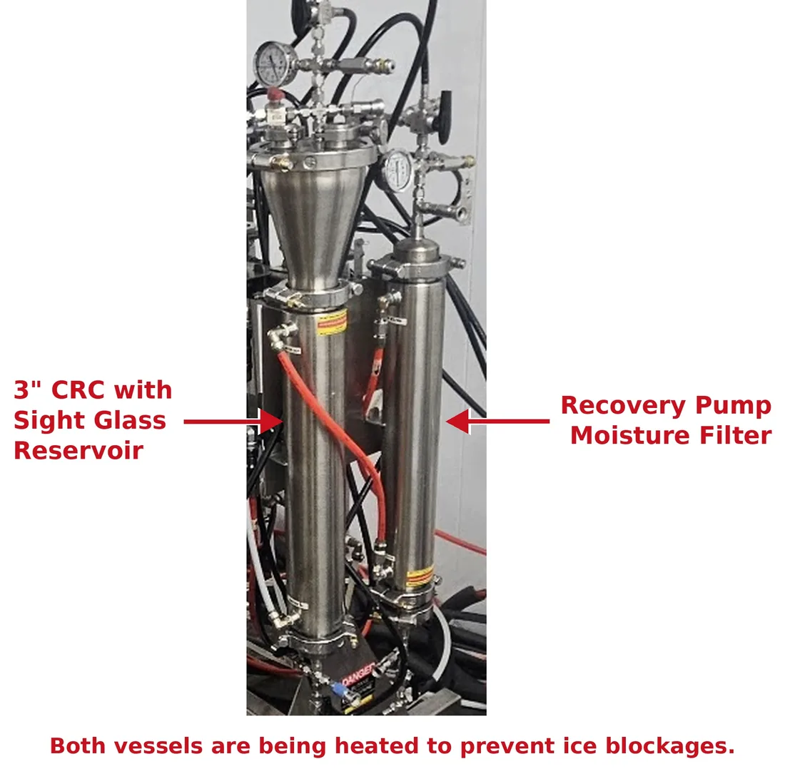 Two heated stainless steel vessels on the Modular Extraction Platform: a 3 inch CRC with sight glass reservoir on the left and a Recovery Pump Moisture Filter on the right