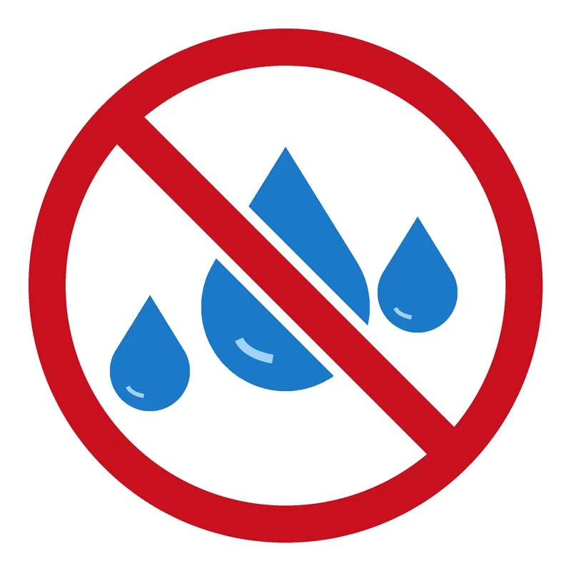No moisture symbol: blue water droplets inside a red circle with a red slash through them